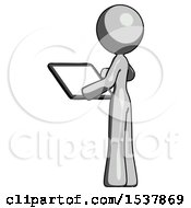 Poster, Art Print Of Gray Design Mascot Woman Looking At Tablet Device Computer With Back To Viewer