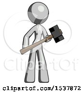 Gray Design Mascot Woman With Sledgehammer Standing Ready To Work Or Defend