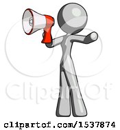 Poster, Art Print Of Gray Design Mascot Woman Shouting Into Megaphone Bullhorn Facing Left