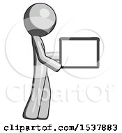 Poster, Art Print Of Gray Design Mascot Man Show Tablet Device Computer To Viewer Blank Area