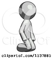 Gray Design Mascot Man Kneeling Angle View Right