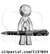Gray Design Mascot Woman Lifting A Giant Pen Like Weights