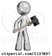 Poster, Art Print Of Gray Design Mascot Man With Sledgehammer Standing Ready To Work Or Defend
