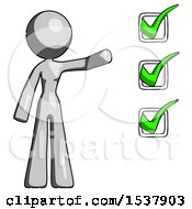 Poster, Art Print Of Gray Design Mascot Woman Standing By A Checkmark List Arm Extended