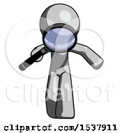 Poster, Art Print Of Gray Design Mascot Man Looking Down Through Magnifying Glass