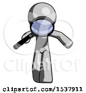 Gray Design Mascot Man Looking Down Through Magnifying Glass