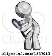 Poster, Art Print Of Gray Design Mascot Man Inspecting With Large Magnifying Glass Left