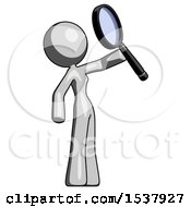 Poster, Art Print Of Gray Design Mascot Woman Inspecting With Large Magnifying Glass Facing Up