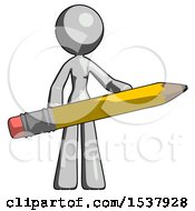 Poster, Art Print Of Gray Design Mascot Woman Office Worker Or Writer Holding A Giant Pencil