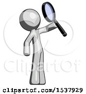 Poster, Art Print Of Gray Design Mascot Man Inspecting With Large Magnifying Glass Facing Up