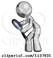 Poster, Art Print Of Gray Design Mascot Woman Inspecting With Large Magnifying Glass Left