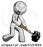 Poster, Art Print Of Gray Design Mascot Man Hitting With Sledgehammer Or Smashing Something At Angle