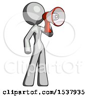Poster, Art Print Of Gray Design Mascot Woman Shouting Into Megaphone Bullhorn Facing Right