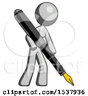 Poster, Art Print Of Gray Design Mascot Woman Drawing Or Writing With Large Calligraphy Pen