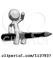 Gray Design Mascot Man Riding A Pen Like A Giant Rocket