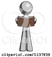 Poster, Art Print Of Gray Design Mascot Woman Reading Book While Standing Up Facing Viewer