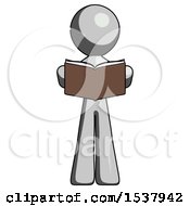 Poster, Art Print Of Gray Design Mascot Man Reading Book While Standing Up Facing Viewer