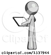 Poster, Art Print Of Gray Design Mascot Man Looking At Tablet Device Computer With Back To Viewer