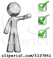 Poster, Art Print Of Gray Design Mascot Man Standing By List Of Checkmarks