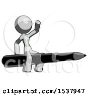 Gray Design Mascot Woman Riding A Pen Like A Giant Rocket
