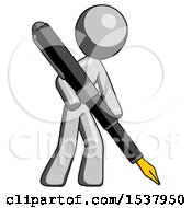Poster, Art Print Of Gray Design Mascot Man Drawing Or Writing With Large Calligraphy Pen