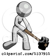 Poster, Art Print Of Gray Design Mascot Woman Hitting With Sledgehammer Or Smashing Something At Angle