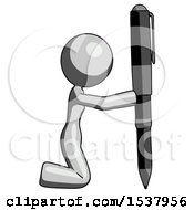 Gray Design Mascot Woman Posing With Giant Pen In Powerful Yet Awkward Manner Because Funny
