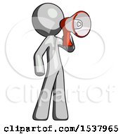 Poster, Art Print Of Gray Design Mascot Man Shouting Into Megaphone Bullhorn Facing Right