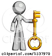 Gray Design Mascot Woman Holding Key Made Of Gold