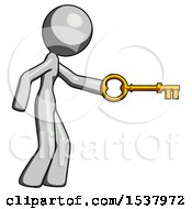 Poster, Art Print Of Gray Design Mascot Woman With Big Key Of Gold Opening Something