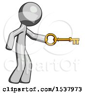 Gray Design Mascot Man With Big Key Of Gold Opening Something