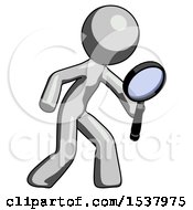 Poster, Art Print Of Gray Design Mascot Man Inspecting With Large Magnifying Glass Right