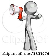Poster, Art Print Of Gray Design Mascot Man Shouting Into Megaphone Bullhorn Facing Left
