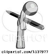 Gray Design Mascot Man Impaled Through Chest With Giant Pen