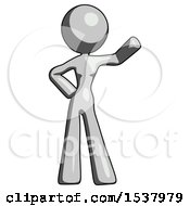 Gray Design Mascot Woman Waving Left Arm With Hand On Hip