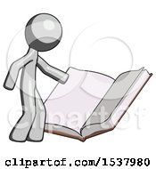 Poster, Art Print Of Gray Design Mascot Man Reading Big Book While Standing Beside It