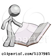 Poster, Art Print Of Gray Design Mascot Woman Reading Big Book While Standing Beside It
