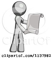 Gray Design Mascot Man Holding Blueprints Or Scroll