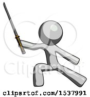 Poster, Art Print Of Gray Design Mascot Man With Ninja Sword Katana In Defense Pose