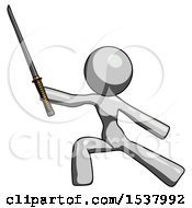 Poster, Art Print Of Gray Design Mascot Woman With Ninja Sword Katana In Defense Pose