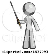 Poster, Art Print Of Gray Design Mascot Man Standing Up With Ninja Sword Katana