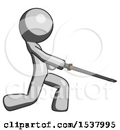 Poster, Art Print Of Gray Design Mascot Man With Ninja Sword Katana Slicing Or Striking Something