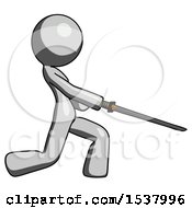 Poster, Art Print Of Gray Design Mascot Woman With Ninja Sword Katana Slicing Or Striking Something