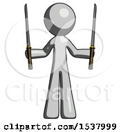 Poster, Art Print Of Gray Design Mascot Man Posing With Two Ninja Sword Katanas Up