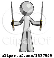 Gray Design Mascot Man Posing With Two Ninja Sword Katanas Up