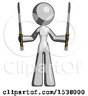 Poster, Art Print Of Gray Design Mascot Woman Posing With Two Ninja Sword Katanas Up