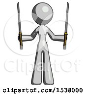 Gray Design Mascot Woman Posing With Two Ninja Sword Katanas Up