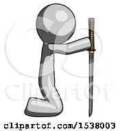 Poster, Art Print Of Gray Design Mascot Man Kneeling With Ninja Sword Katana Showing Respect