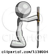 Poster, Art Print Of Gray Design Mascot Woman Kneeling With Ninja Sword Katana Showing Respect