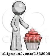 Gray Design Mascot Man With Giant Cupcake Dessert